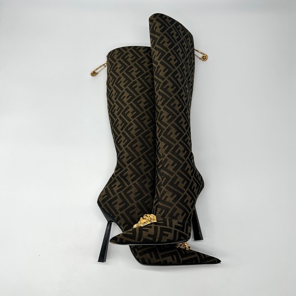 Fendi Brown Monogram Over-the-Knee Pointed Boots with Gold Medusa Medallion - Picture 3 of 7